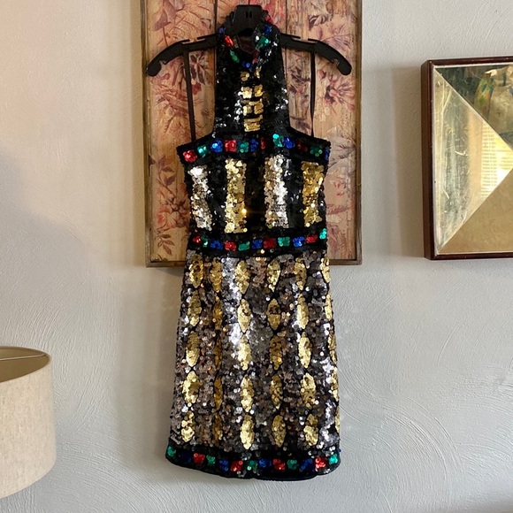 Vintage Dresses & Skirts - VINTAGE 70S 80S DRESS SEQUIN MINI DRESS HIGH NECK GEOMETRIC SHAPES SMALL